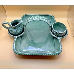 Vintage Portuguese Green Majolica Basketweave Serving Set  - Neuwirth